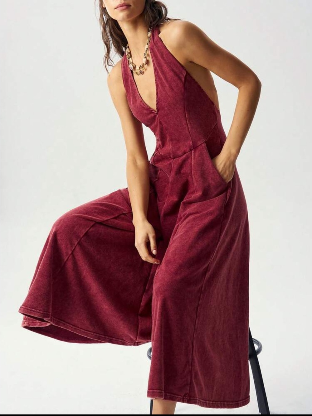 Boho Loose Wide Leg Halter Neck Back Jumpsuit Wine